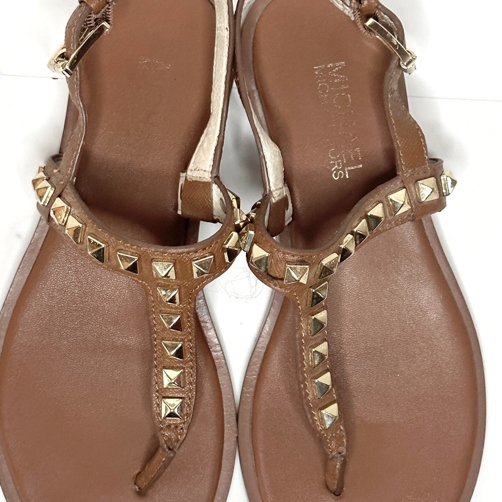 MICHAEL Michael Kors Brown Leather Sandal Gold Studded 5.5 Flat Thong - Picture 9 of 12